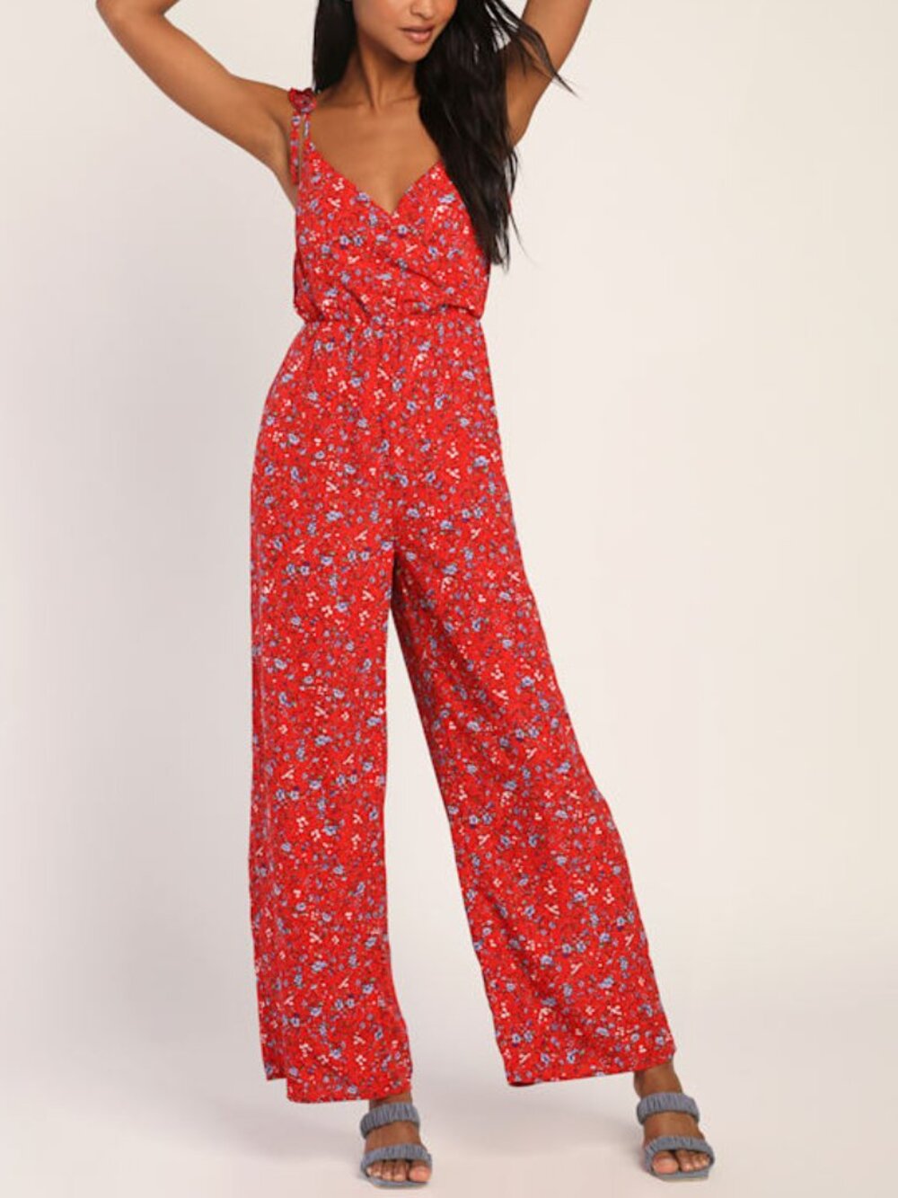 Lulus Blooming Bliss Red Floral Print Tie-strap Jumpsuit - Size XS